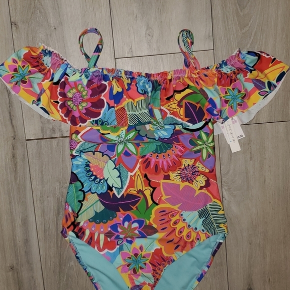 Bleu Rod Beattie Make It Pop off the shoulder Sz 6 ruffle swimsuit - Picture 3 of 15